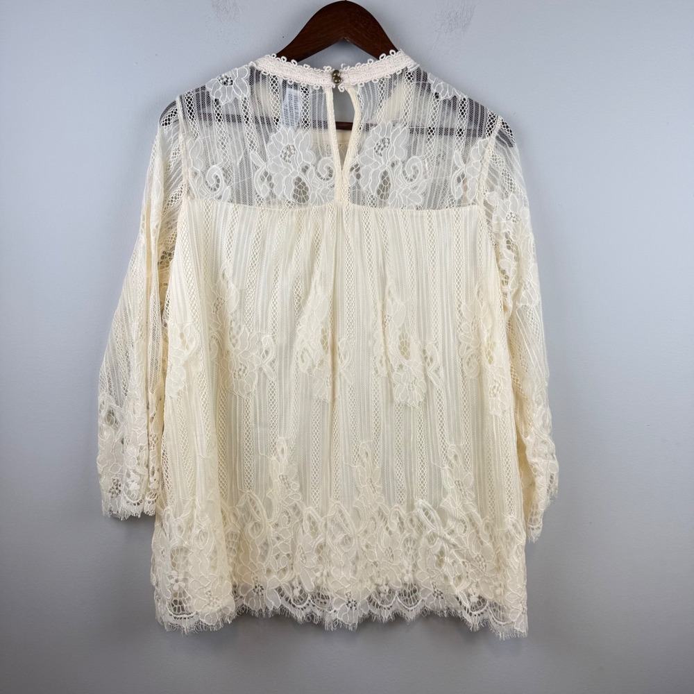 Womens Lace Lined Blouse 1X Cream 3/4 Sleeve Scallop Hem Keyhole Romantic Boho - Picture 3 of 10